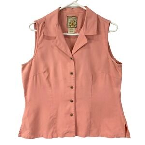Kylani Bay Sleeveless Collared Button Up V-Neck Silk Blouse Coral Size M